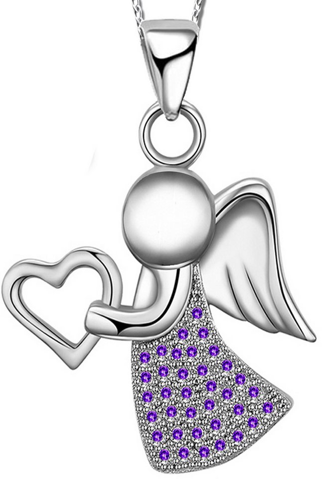 Limana Kette mit Anhänger echt 925 Sterling Silber Engelkette, Schutzengel Engel Herz Liebe Halskette Damen Mädchen Kinder Herzkette lila von Limana