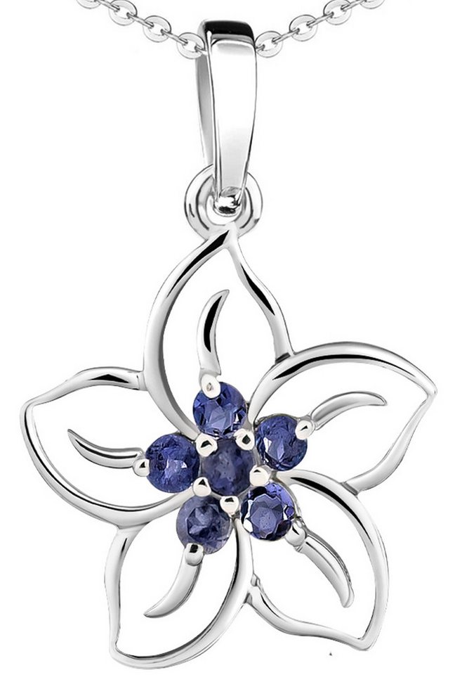 Limana Kette mit Anhänger echte Edelsteine blau lila Iolith 925 Silber Blume Frauenkette (inkl. Herz Geschenkdose und Tasche), Geschenkset Idee Geschenk für Frauen Damen Freundin Mutter Oma Tante von Limana