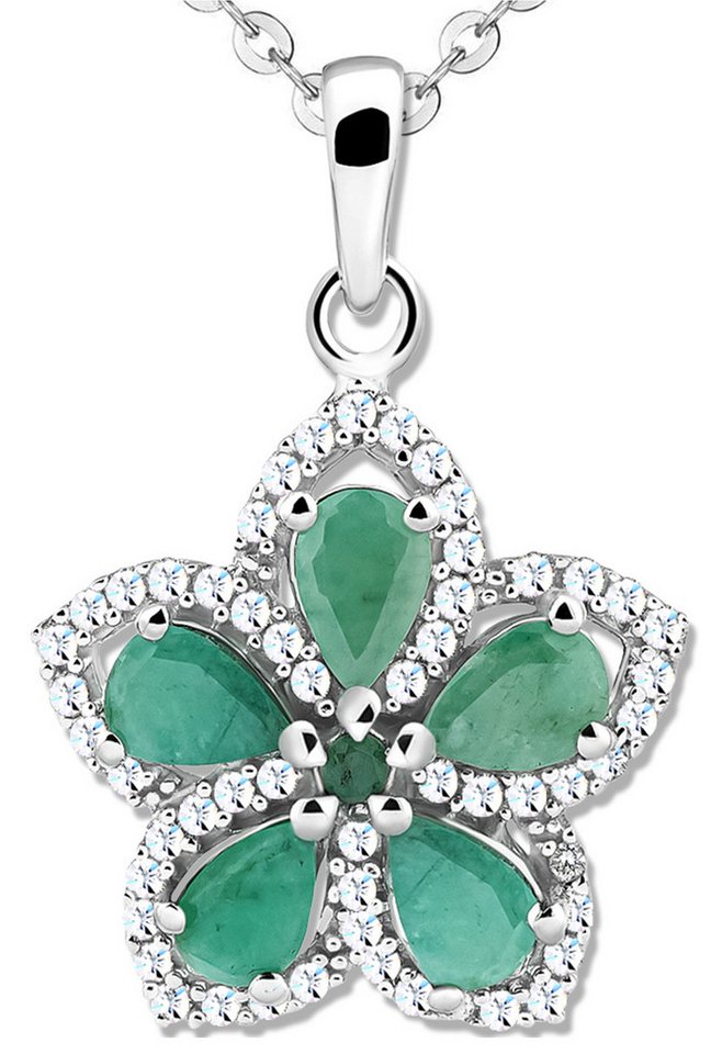 Limana Kette mit Anhänger echter Smaragd grün 925 Silber Blume Damenkette Schmuck 50cm (inkl. Herz Geschenkdose und Tasche Weihnachtsgeschenk), Geschenkset Idee Geschenk für Sie Frauen Damen Freundin Mutter Oma von Limana