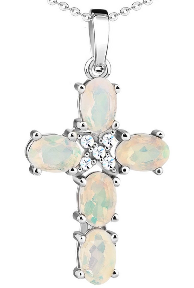 Limana Kreuzkette echter äthiopischer Opal 925 Silber Kette mit Kreuz 45+5cm (inkl. Herz Geschenkdose und Tasche), Edelstein Damenkette Frauenkette Geschenkidee Geschenk Idee von Limana