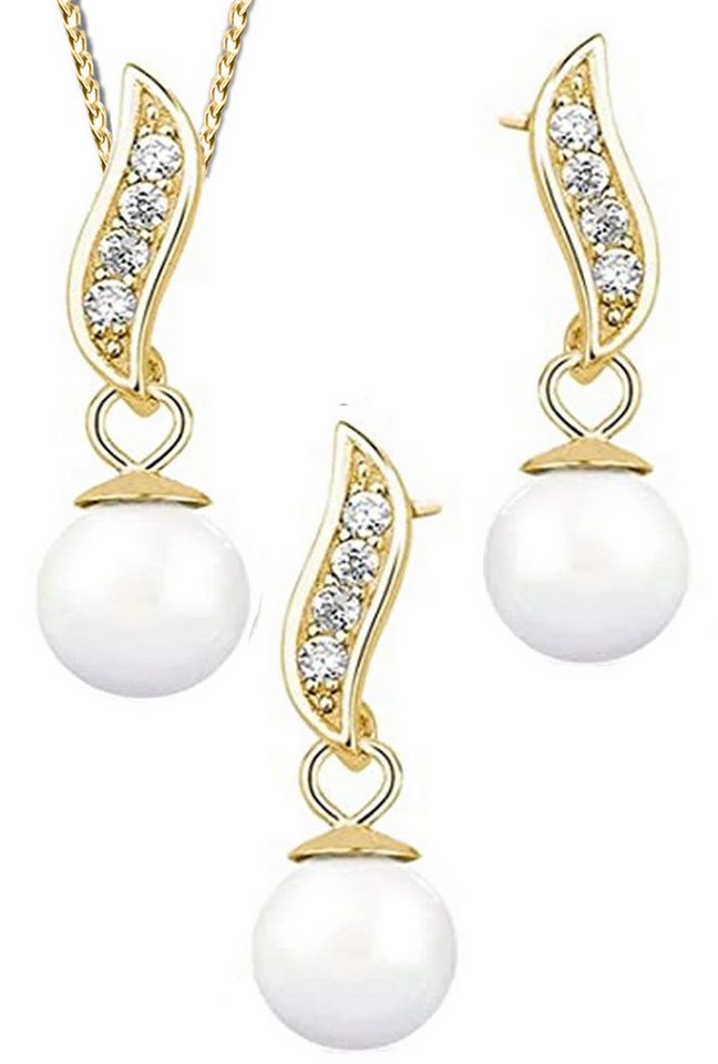 Limana Ohrring und Ketten Set 925 Silber Perlen Ohrstecker mit Halskette gold Geschenkset (Set, inkl. Geschenkdose), Echtschmuck Idee Geschenk für Sie Frauen Damen Freundin Mutter Oma von Limana