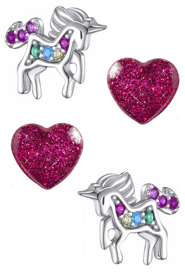 Limana Ohrstecker-Set Einhorn Pferde Herz Ohrstecker Mädchen 925 Sterling Silber Edelstahl, Kinderschmuck mit Zirkonia und Glitzer von Limana