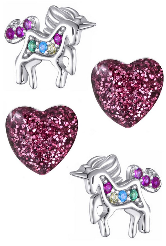 Limana Ohrstecker-Set Einhorn Pferde Herz Ohrstecker Mädchen 925 Sterling Silber Edelstahl, Kinderschmuck mit Zirkonia und Glitzer von Limana