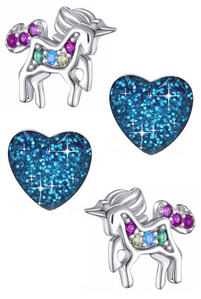 Limana Ohrstecker-Set Einhorn Pferde Herz Ohrstecker Mädchen 925 Sterling Silber Edelstahl, Kinderschmuck mit Zirkonia und Glitzer von Limana