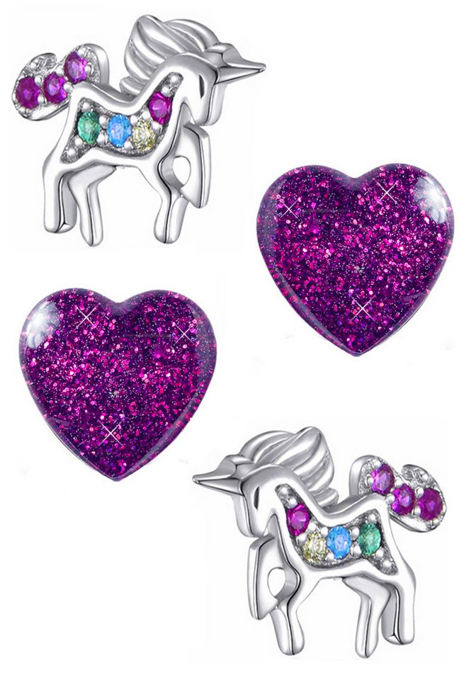 Limana Ohrstecker-Set Einhorn Pferde Herz Ohrstecker Mädchen 925 Sterling Silber Edelstahl, Kinderschmuck mit Zirkonia und Glitzer von Limana