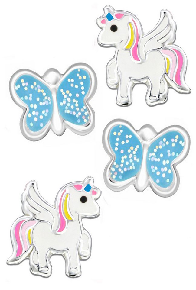 Limana Ohrstecker-Set Kinder Mädchen Ohrringe 925 Silber Pferde Schmetterling Einhorn, Glitzer von Limana