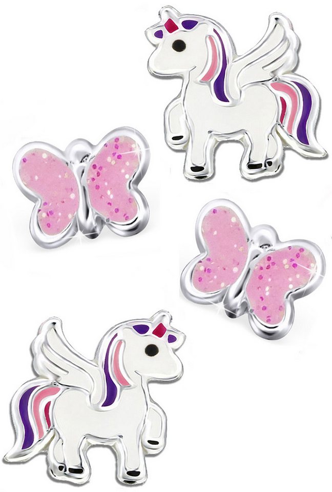 Limana Ohrstecker-Set Kinder Mädchen Ohrringe echt 925 Sterling Silber Pferde Schmetterling Einhorn, Glitzer von Limana