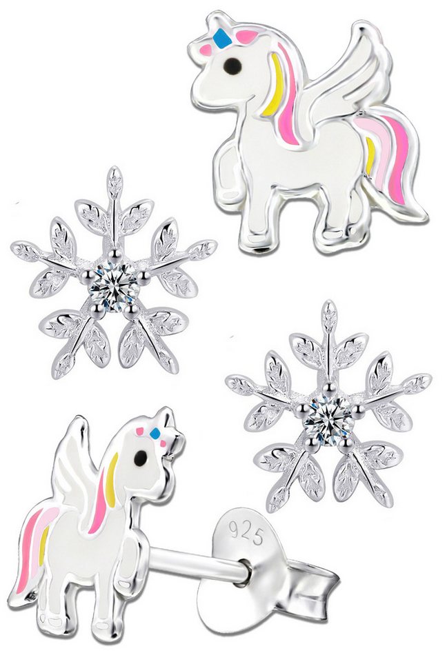 Limana Ohrstecker-Set Kinder Ohrringe 925 Sterling Silber Einhorn Pferde Stern Schneeflocke, Geschenkidee Winter Weihnachten Kinderohrringe von Limana