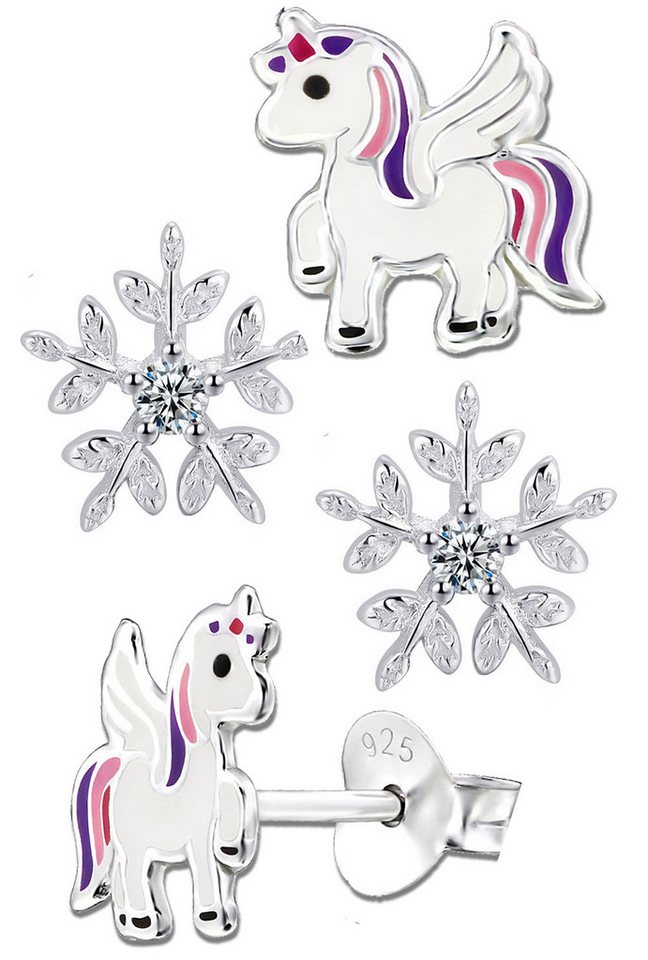 Limana Ohrstecker-Set Kinder Ohrringe 925 Sterling Silber Einhorn Pferde Stern Schneeflocke, Geschenkidee Winter Weihnachten Kinderohrringe von Limana