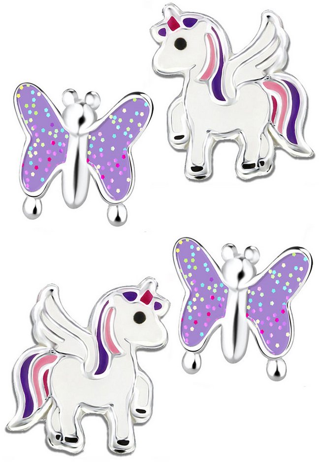 Limana Ohrstecker-Set 925 Silber Einhorn Pferde Schmetterling Kinderohrringe Kinderschmuck, Glitzer von Limana