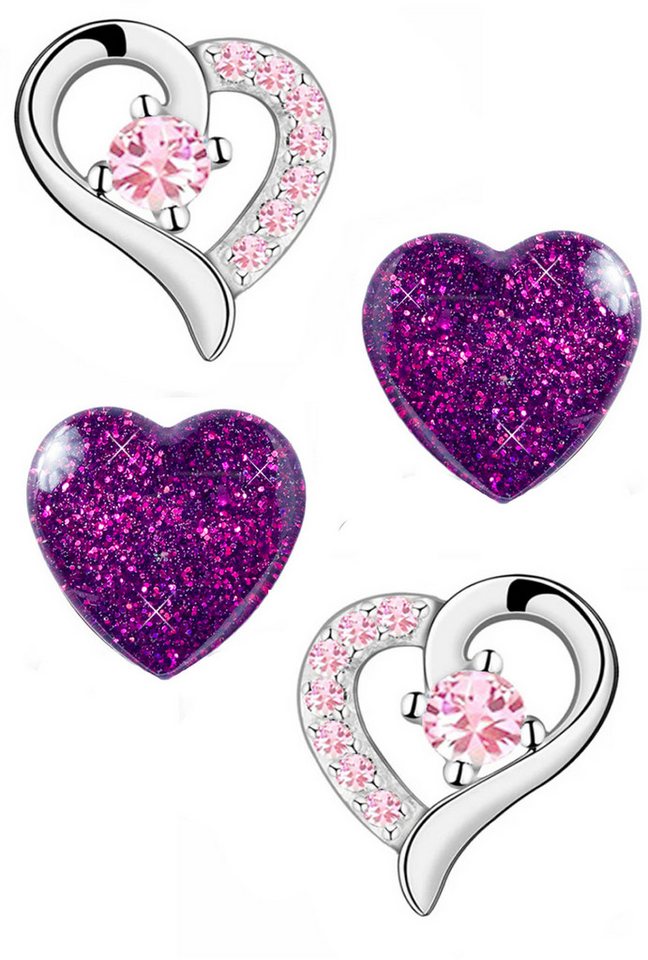 Limana Ohrstecker-Set Ohrringe aus echt 925 Sterling-Silber rosa Zirkonia Herz Edelstahl, Silberschmuck Glitzer von Limana