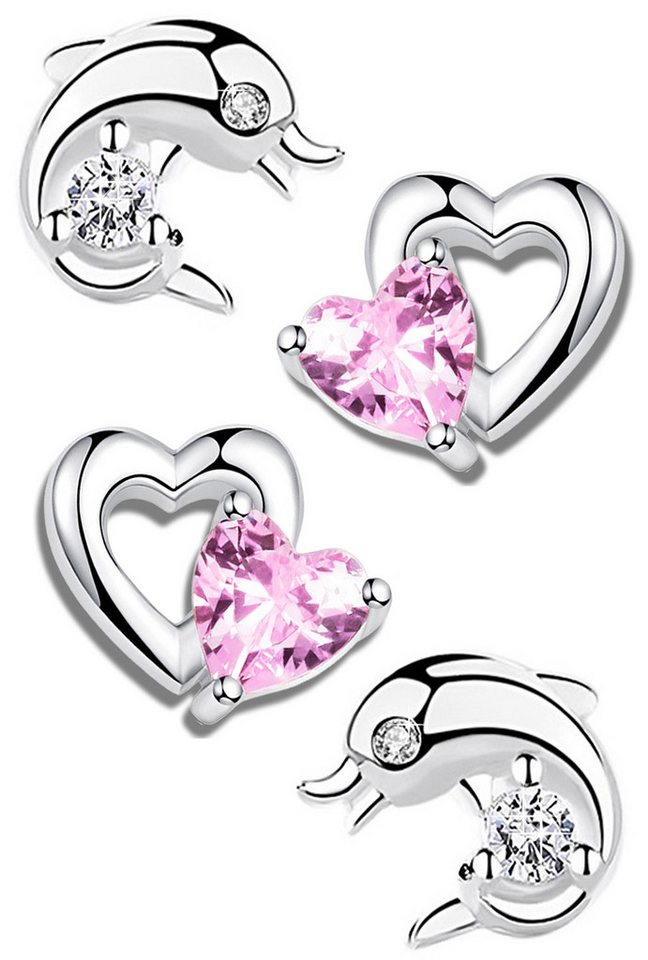 Limana Paar Ohrstecker 2er Set echt 925 Sterling Silber Ohrringe Delfin Delphin Herz rosa, kleine Kinder Mädchen Damen Frauen Schmuck von Limana