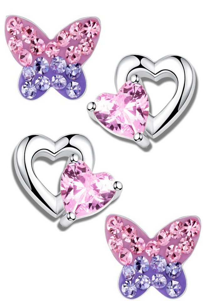 Limana Paar Ohrstecker 2er Set echt 925 Sterling Silber Ohrringe Herz Schmetterling rosa lila, Kinderohrringe Mädchenohrringe Kinderschmuck Damen Frauen von Limana