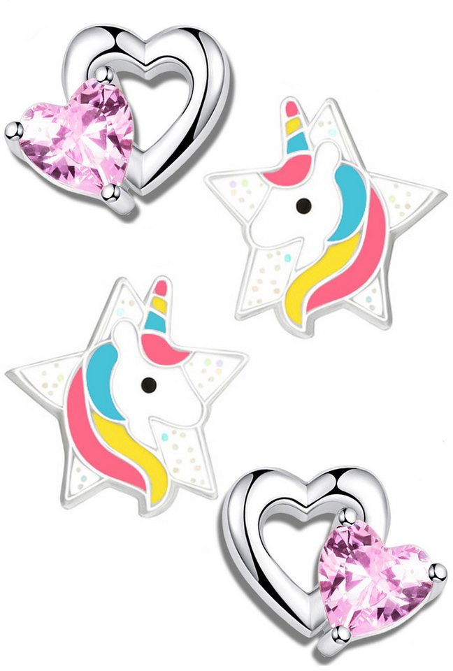Limana Paar Ohrstecker Set 925 Silber Einhorn Pferd Herz Sterne Kinder Mädchen Ohrringe, Schmuck Geschenk Einschulung Schulanfang von Limana