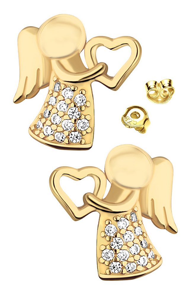 Limana Paar Ohrstecker 925 Silber Engel Herz Gold vergoldet Kinder Mädchen Damen Ohrringe (Weihnachtsgeschenk Kinderohrringe, Schmuck inkl. Schmuckbox), Geschenk Ostern Weihnachten Geburtstag Schulanfang Einschulung von Limana