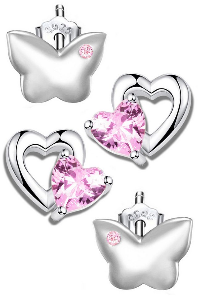 Limana Paar Ohrstecker Ohrringe für Kinder Mädchen 925 Silber rosa Herz Schmetterling, Kinderohrringe Mädchenohrringe Kinderschmuck Echtschmuck von Limana