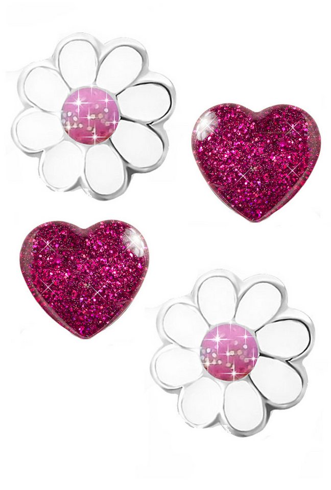 Limana Paar Ohrstecker Set Ohrringe 925 Silber Blumen Edelstahl Herz Kinder Mädchen Schmuck, Herzohrringe Glitzer Pink Kinderschmuck von Limana