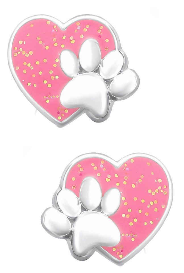 Limana Paar Ohrstecker Kinder Mädchen 925 Silber Herz Pfote mit Glitzer rosa, Kinderschmuck Kinderohrringe Mädchenohrringe Kinderohrstecker von Limana