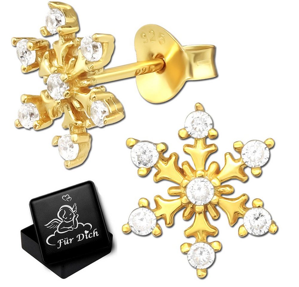 Limana Paar Ohrstecker goldene Schneeflocke Stern echt 925 Sterling Silber (Geschenkset, inkl. Geschenkdose), Zirkonia Geschenk Idee Nikolaus Weihnachten Geburtstag von Limana