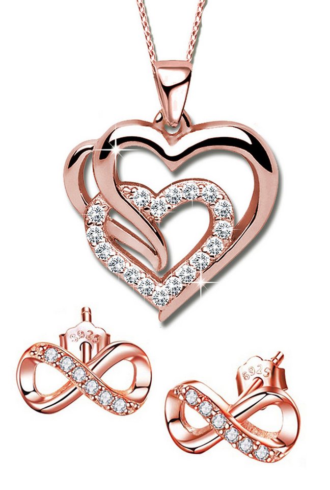 Limana Schmuckset 925 Silber Rosegold vergoldet Halskette Kette mit Ohrringe Ohrstecker (inkl. Geschenkdose Herzkette Herzanhänger), Liebesgeschenk Liebe Geschenk für Sie Frauen Damen Freundin Mutter Oma von Limana
