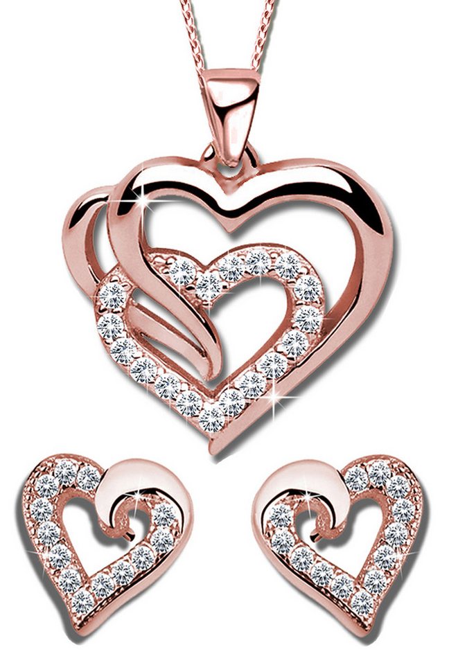 Limana Schmuckset Silber 925 God Rosegold Herz Kette Halskette mit Ohrringe Ohrstecker (inkl. Geschenkdose Echtschmuck Herzkette Herzohrringe), Liebesgeschenk Liebe Geschenk Set für Sie Frauen Damen Freundin Mutter von Limana