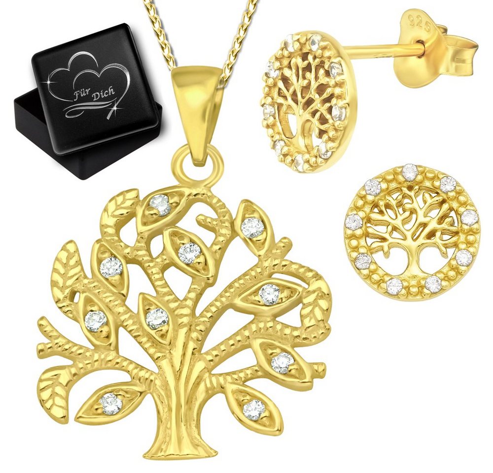 Limana Schmuckset Damen Lebensbaum echt 925 Sterling Silber Gold Baum des Lebens, Zirkonia Frauen Geschenk Set Ohrringe Ohrstecker mit Hals-Kette von Limana