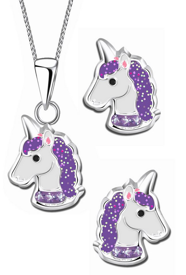 Limana Schmuckset 925 Silber Einhorn Pferde Halskette Kette mit Ohrringe Ohrstecker (inkl. Geschenkdose mit Gravur), Geschenkidee Geschenk für Kinder Mädchen Echtschmuck Glitzer von Limana