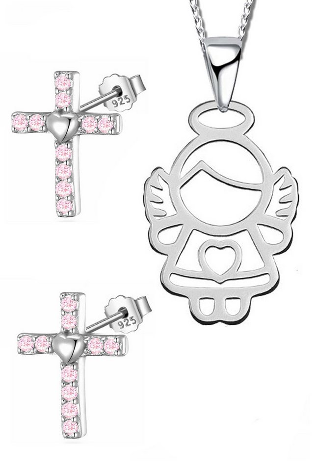 Limana Schmuckset echt 925 Sterling Silber Engel Kreuz Halskette mit Ohrringe, Engelkette Zirkonia Kristalle Kinder Mädchen Schmuck von Limana