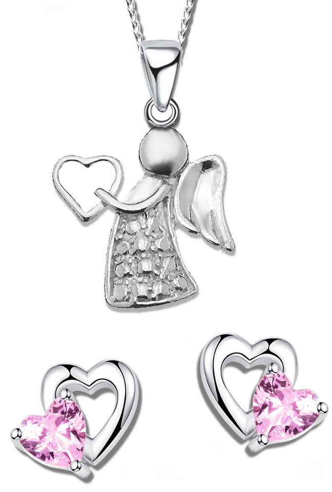 Limana Schmuckset echt 925 Sterling Silber Schutz-Engel Herz Hals-Kette mit Ohrringe, Engelkette Ohrstecker Kinder Mädchen rosa von Limana