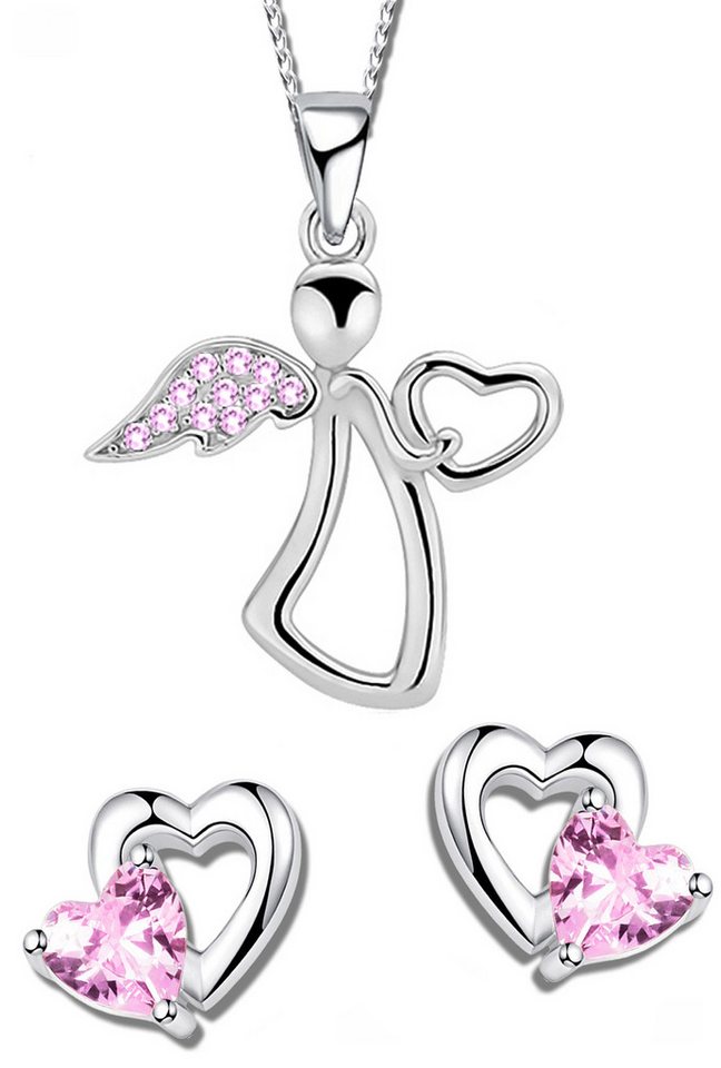 Limana Schmuckset Kinder Mädchen Set 925 Silber Engel Herz Halskette mit Ohrringe, Ohrstecker mit Kette Kinderschmuck Echtschmuck rosa Schutzengel von Limana