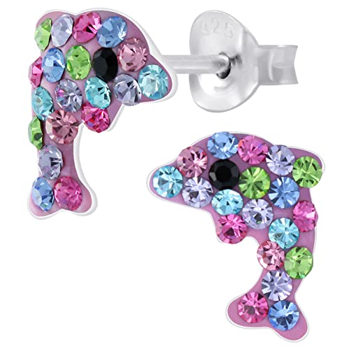 Mädchen Kinder Ohrringe 925 echt Sterling Silber Zirkonia Delfin Delphin (Bunt) von Limana