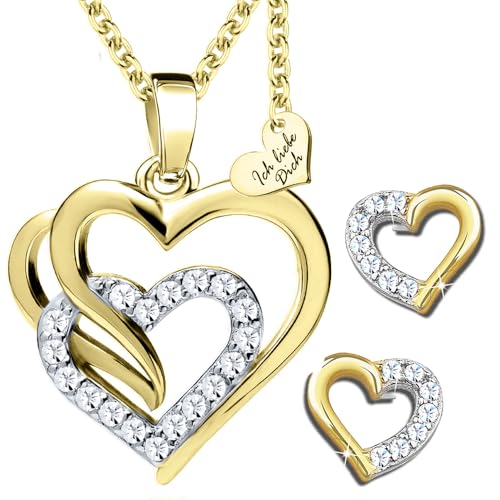 Schmuckset Damen Silber 925 Gold Herzkette Herz Kette mit Ohrringe Ohrstecker vergoldet Goldkette Ich Liebe Dich Weihnachten Geschenk für Freundin Frauen Ehefrau von Limana