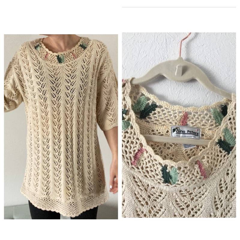 90Er Vintage Elfenbein Gehäkeltes Tunikakleid Blatt Florales Detail Entlang Ausschnitt Vtg Boho Hippie Neutral Cozy Natur Kleidung Mittelbreite Ärmel von LimeSodaEclectic