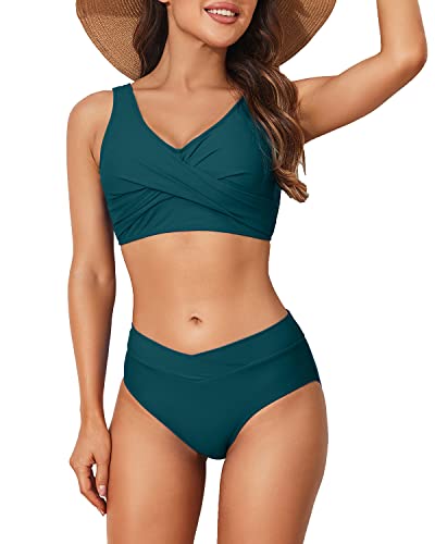 Limeeke Damen-Bikini-Set mit hoher Taille, Twist-Front, zweiteiliger Badeanzug mit Schnürung am Rücken, Blau Grün, Medium von Limeeke