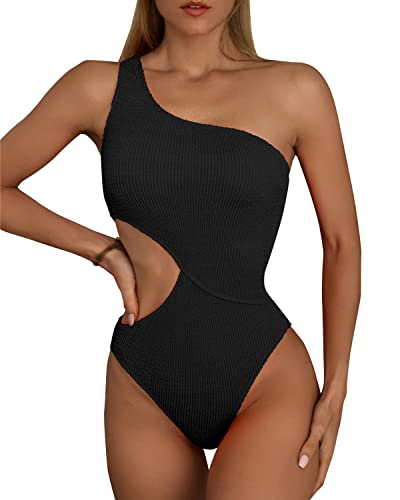 Limeeke Damen Cutout Einteiler Badeanzug One Shoulder Bademode Gerippte Monokini Badeanzüge, 01- Schwarz, Medium von Limeeke