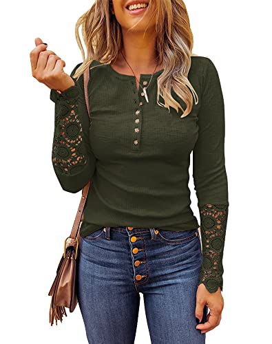 Limerose Damen Langarm Spitzenbesatz Tunika Tops Button Down Casual Bluse Niedlich Rundhals Geripptes Hemd - Gr�n - Groß von Limerose