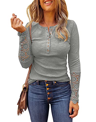 Limerose Damen Langarm Spitzenbesatz Tunika Tops Button Down Casual Bluse Niedlich Rundhals Geripptes Hemd - Grau - X-Groß von Limerose