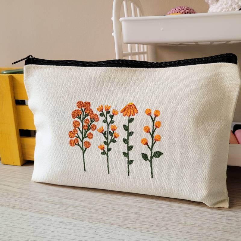 Reise-Make-Up-Tasche, Kosmetiktasche Mit Orangefarbener Blume, Tragbare Reisehandtasche, Mehrzweck-Federmäppchen von Limeteart