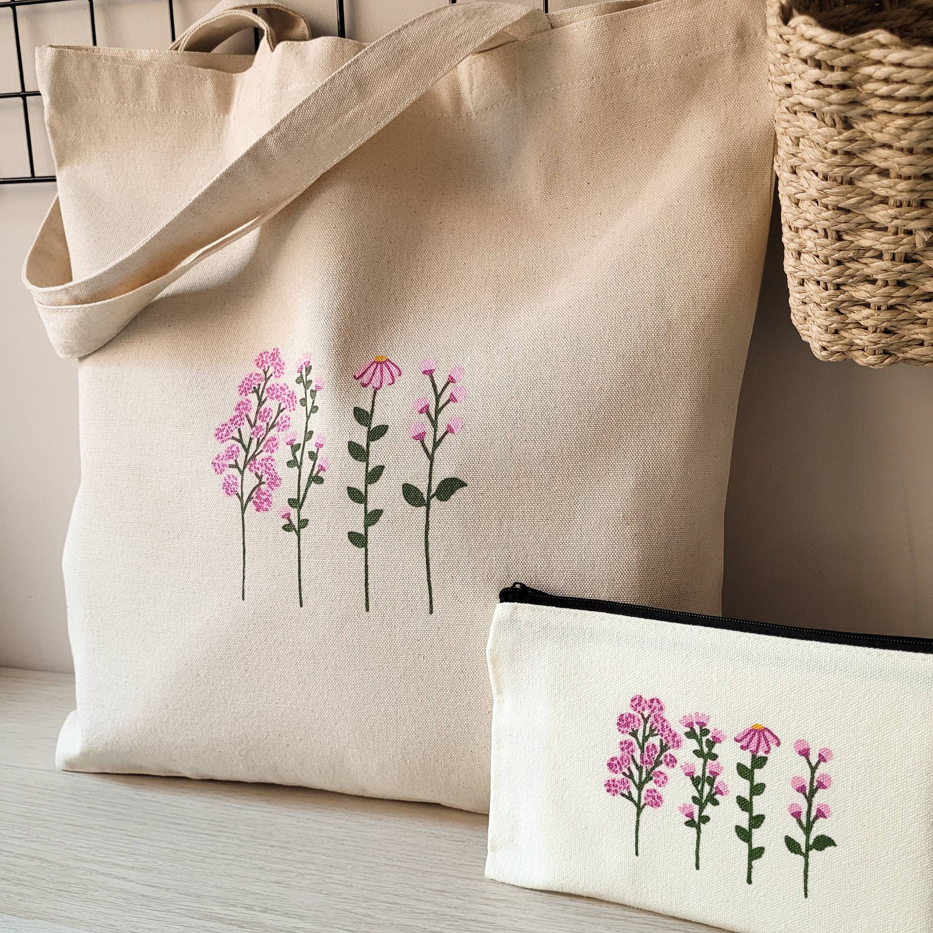 stofftasche Mit Langen Henkeln, Verziert Rosa Blumen, Mehrzweck-Baumwolletui Für Frauen, Umweltfreundliches Und Nützliches Geschenk Mama von Limeteart