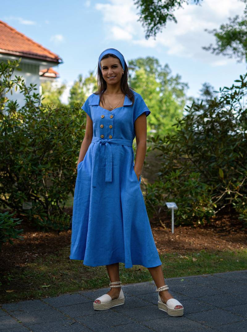 Blaues Leinenkleid | Midi Sommerkleid Mit Knöpfen Kurzarm Gürtel von LimiStyle