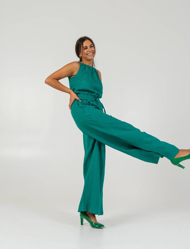 Grüner Overall Für Damen Aus Leinen | Sommer-strampler Mit Weitem Bein Handgefertigte Bio Leinenbekleidung von LimiStyle