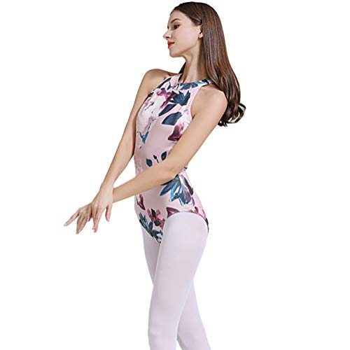 Limiles Damen Neckholder Bodysuit Schlüsselloch Rücken Gymnastik Ballett Tanz Trikot Tops Tanzkleidung Kostüme, rosa blume, X-Large von Limiles Dance