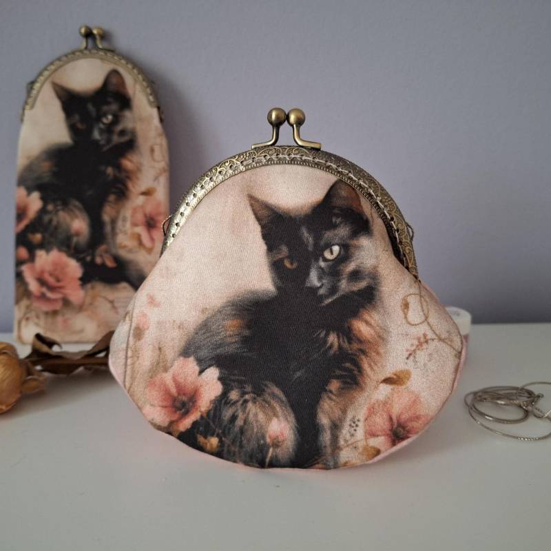 Geldbörse Katze & Blumen Kiss Lock Handgemachte Clutch Aus Baumwolle von Limispurses