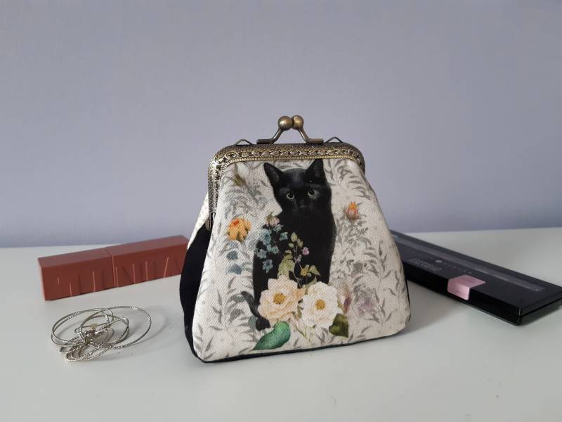Schwarze Katze Geldbörse Handgemachte Baumwolle Kiss Lock Clutch von Limispurses
