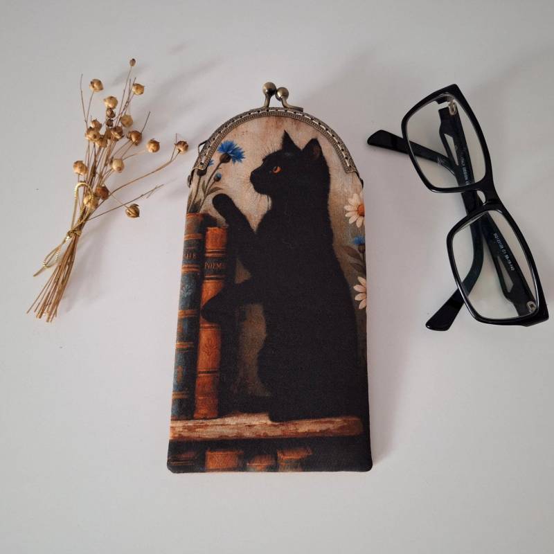 Vintage Brillenetui Schwarze Katze & Bücher, Clipverschluss von Limispurses