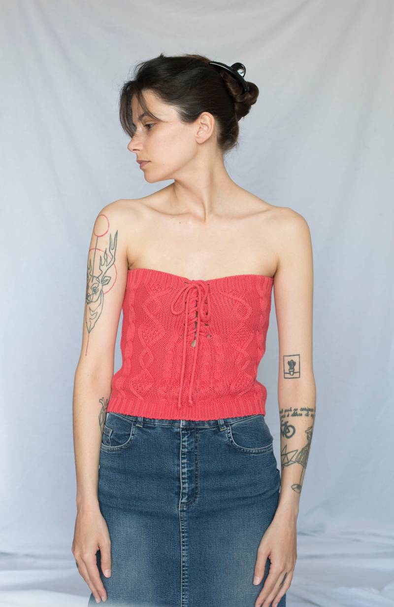 1990Er Jahre Häkeltop Ohne Träger Und Schnürung in Erdbeer-Rosa von Limitedstories