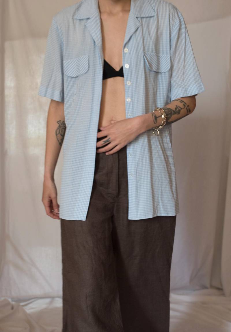 Y2K Gingham Oversized Kurzarm Shirt in Baby Blau Und Weiss von Limitedstories