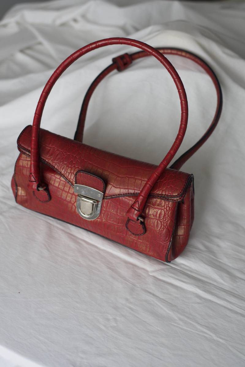 Y2K Gold-Metallic-Rote Kroko-Umhängetasche Mit Silber-Hardware Und Doppelten Riemen von Limitedstories