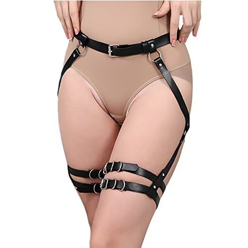 Limmion Damen Punk Leder Harness Strumpfgürtel Körperkette Bein Strumpfband Gürtel Sexy Oberschenkel Holster Bein Kette Geschirr Schwarz Taillenkette Gotisch Taille Gürtel Strapsgürtel für Rave Outfit von Limmion