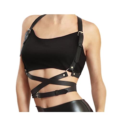 Limmion Damen Punk Taillengürtel Leder Körperketten Schwarz Gothic Gürtel Ledergeschirr Skinny Body Verstellbare Gürtel BH Harness Schultergurt für Frauen Cosplay Party Rave Halloween Kostüm von Limmion